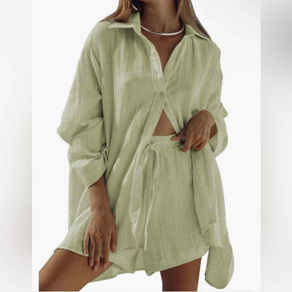 Amazon Light Green Cotton Short Set / Beach Cover Up Set